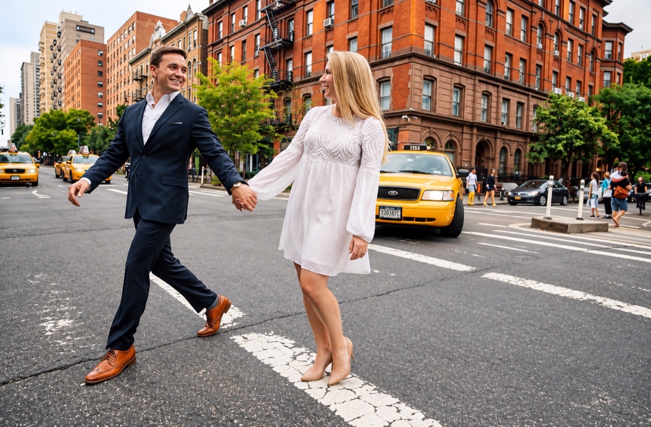 A couple holds hands crossing a Manhattan street past yellow cabs.