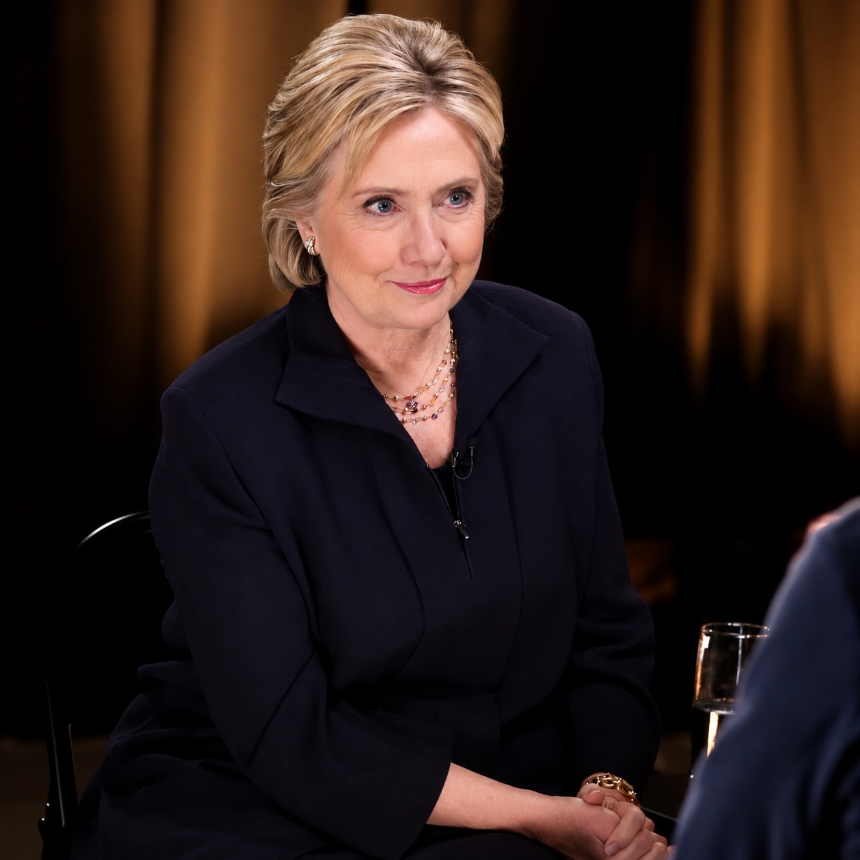 Hillary Clinton listens during a seated interview against a warm, dark backdrop.